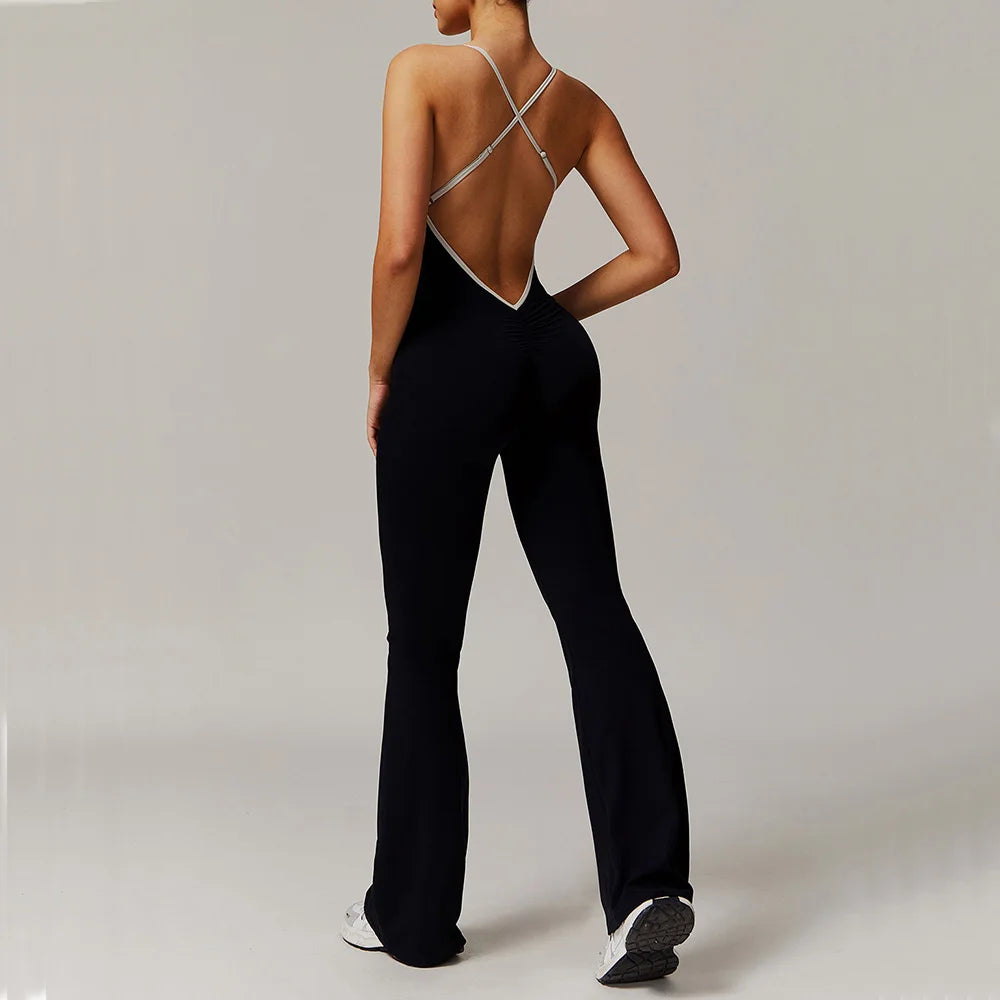 Women's Sleeveless Nylon Blend Flared Workout Jumpsuit with Scoop Neck