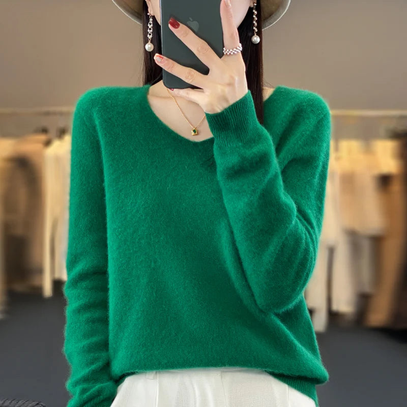Women's V Neck Long Sleeve Sweater Casual Knit Layer