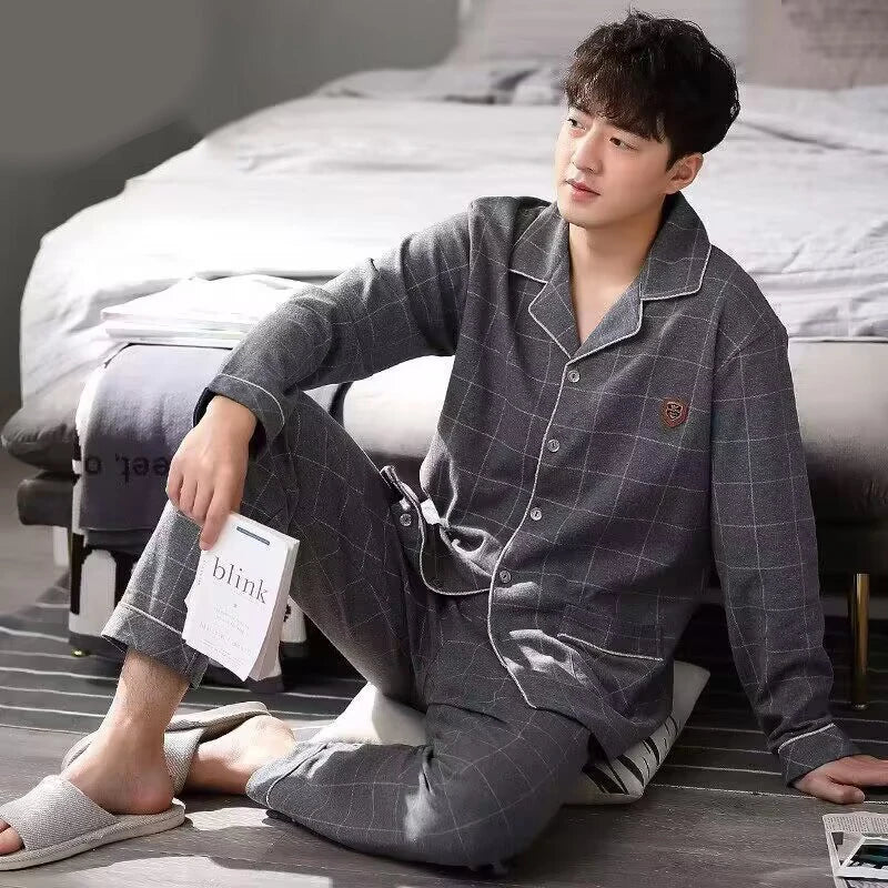 Men's Plaid Button Front Long Sleeve Shirt and Pants Pajama Set