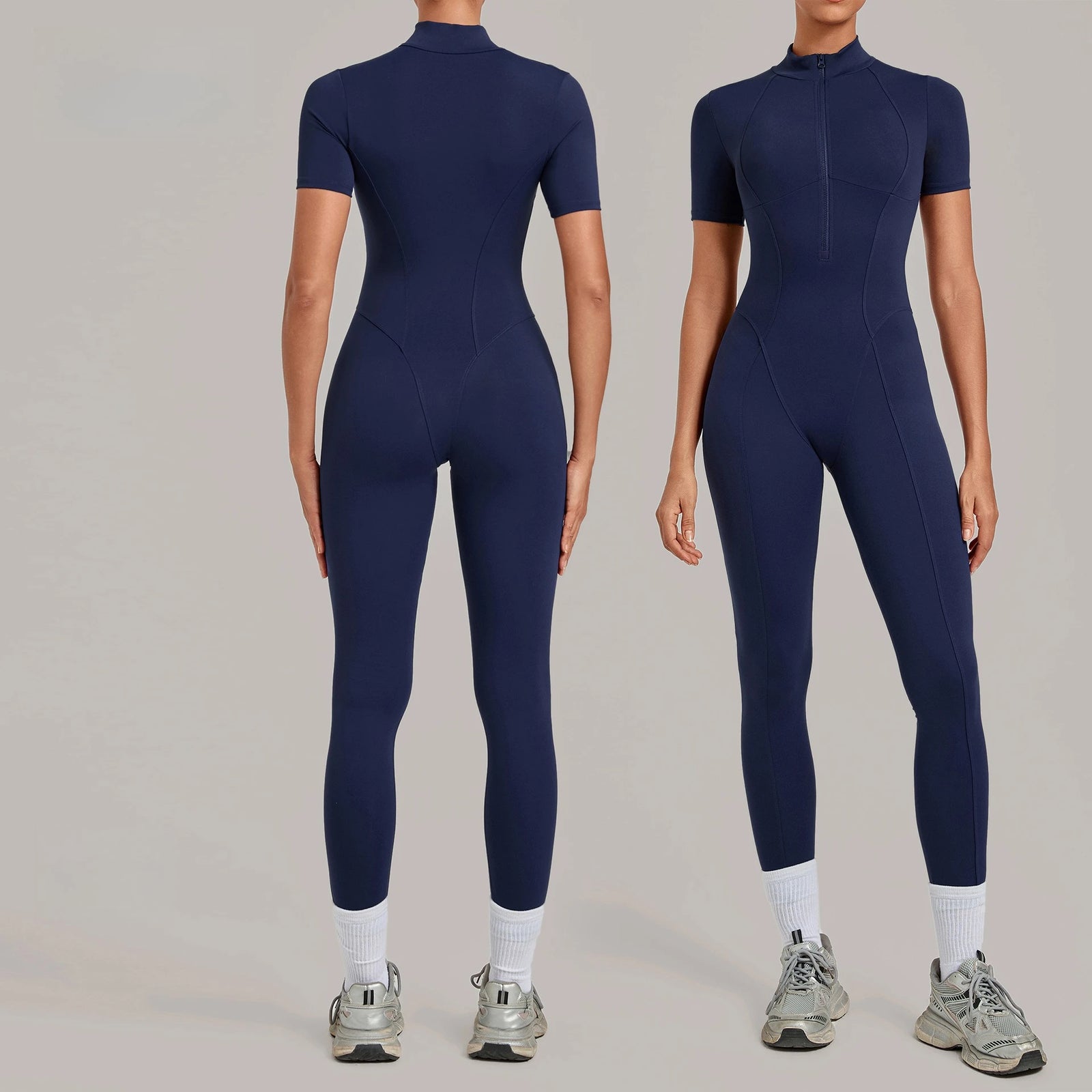 Women's Short Sleeve Nylon Blend Workout Jumpsuit with Stand Collar Zip