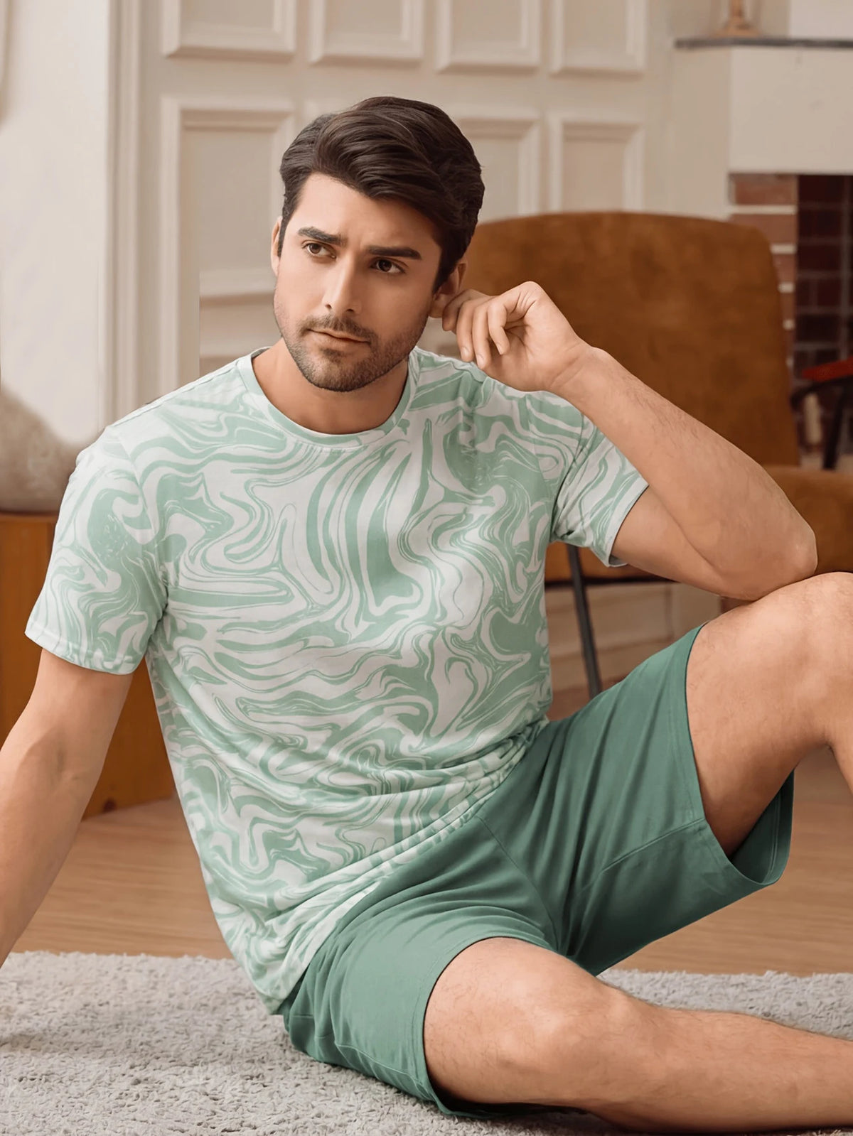Men's Bear Print T Shirt and Shorts Pajama Set