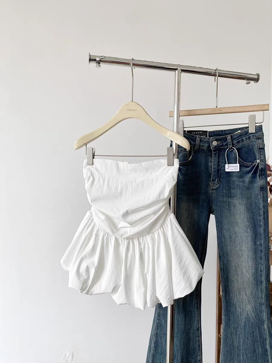 Women's Ruched Strapless Peplum Crop Top with a Gathered Waist