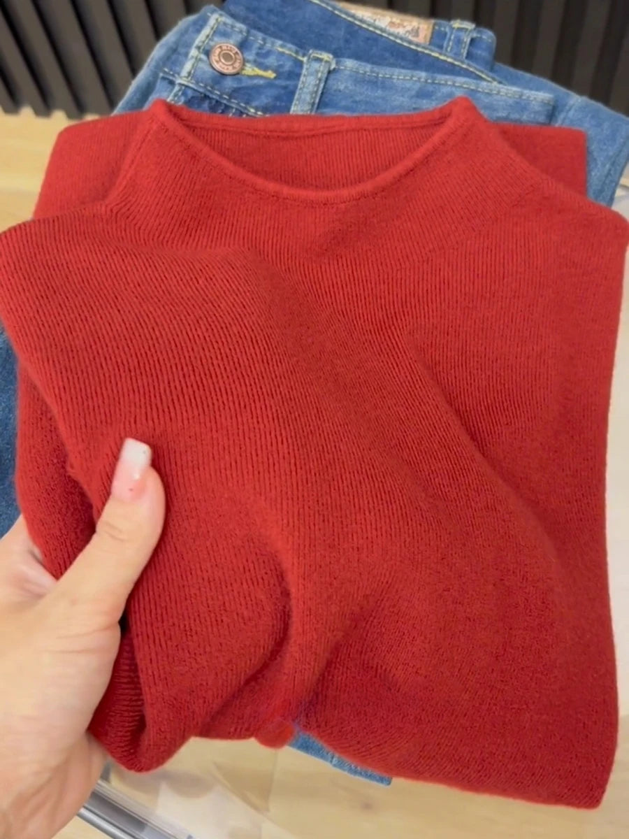Women's Plain Mock Neck Knit Sweater Casual Knit Layer