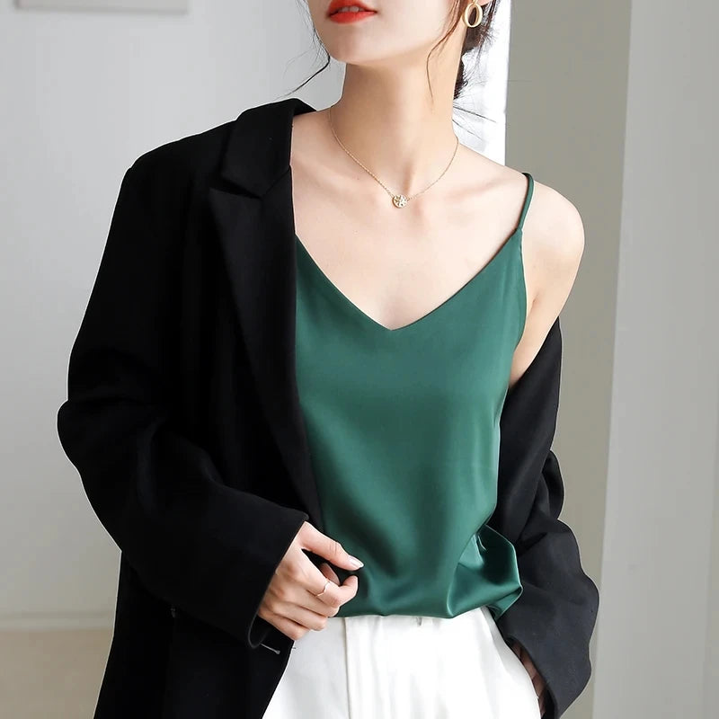 Women's V Neck Satin Silk Blend Camisole with Thin Shoulder Straps