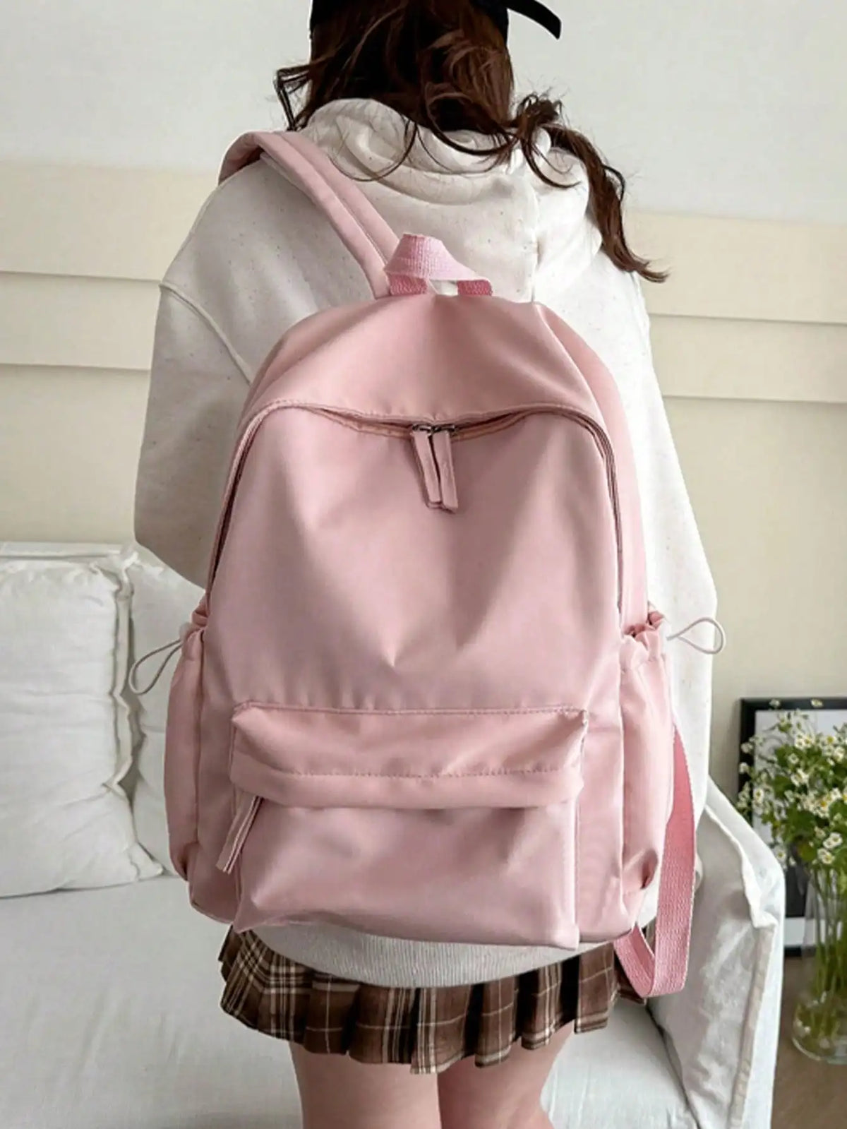 Solid Colour Student Backpack with Front Zipper Pocket and Top Handle