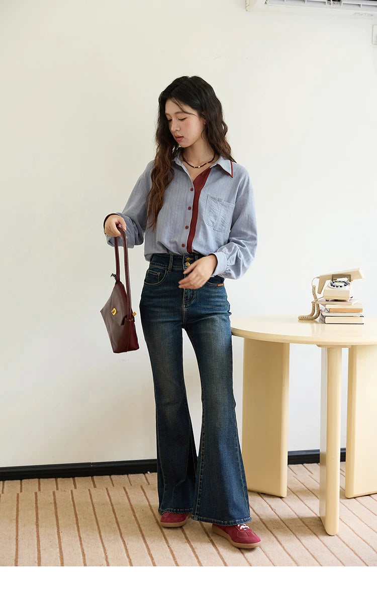 Women's Striped Shirt with Contrast Collar and Buttons