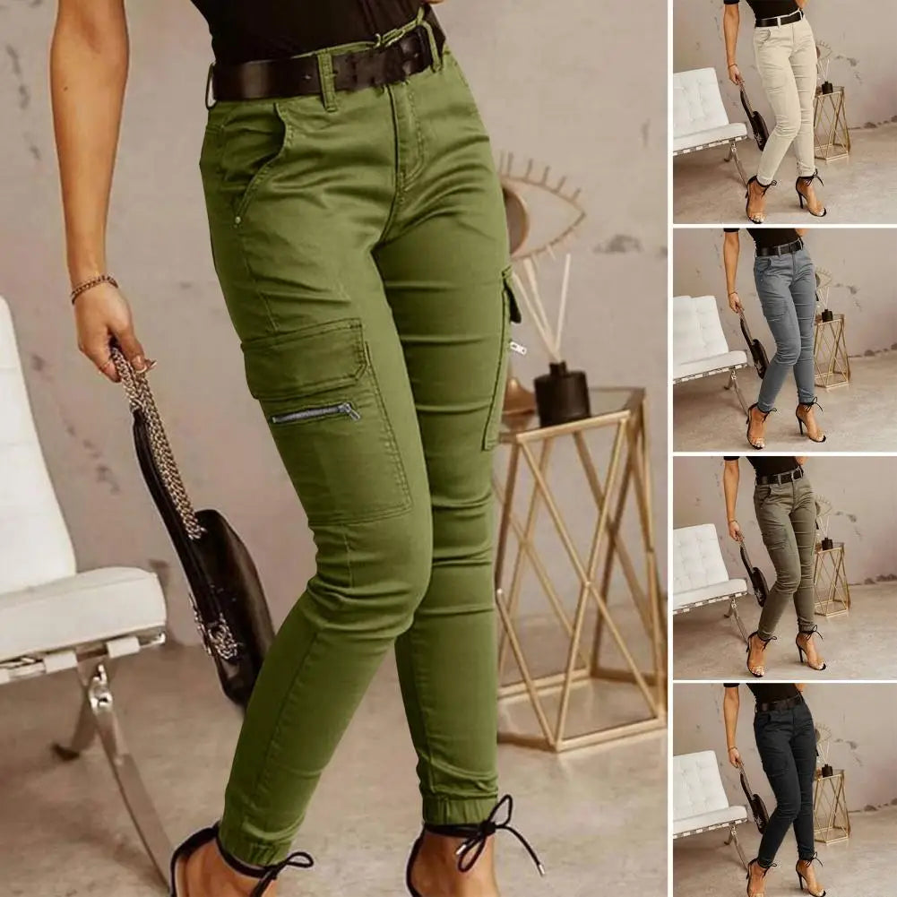 Women's Slim Cargo Pants with Button Fastening and Side Zip Pockets