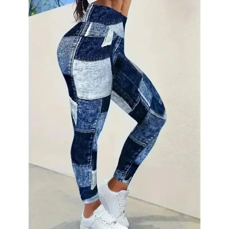 High Waist Full Length Denim Print Fitted Casual Leggings