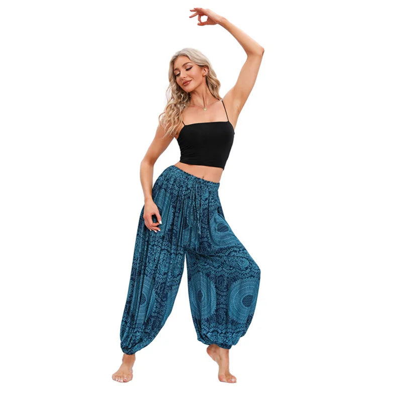 Women's Printed Rayon Harem Pants with Elastic Waist and Loose Gathered Legs