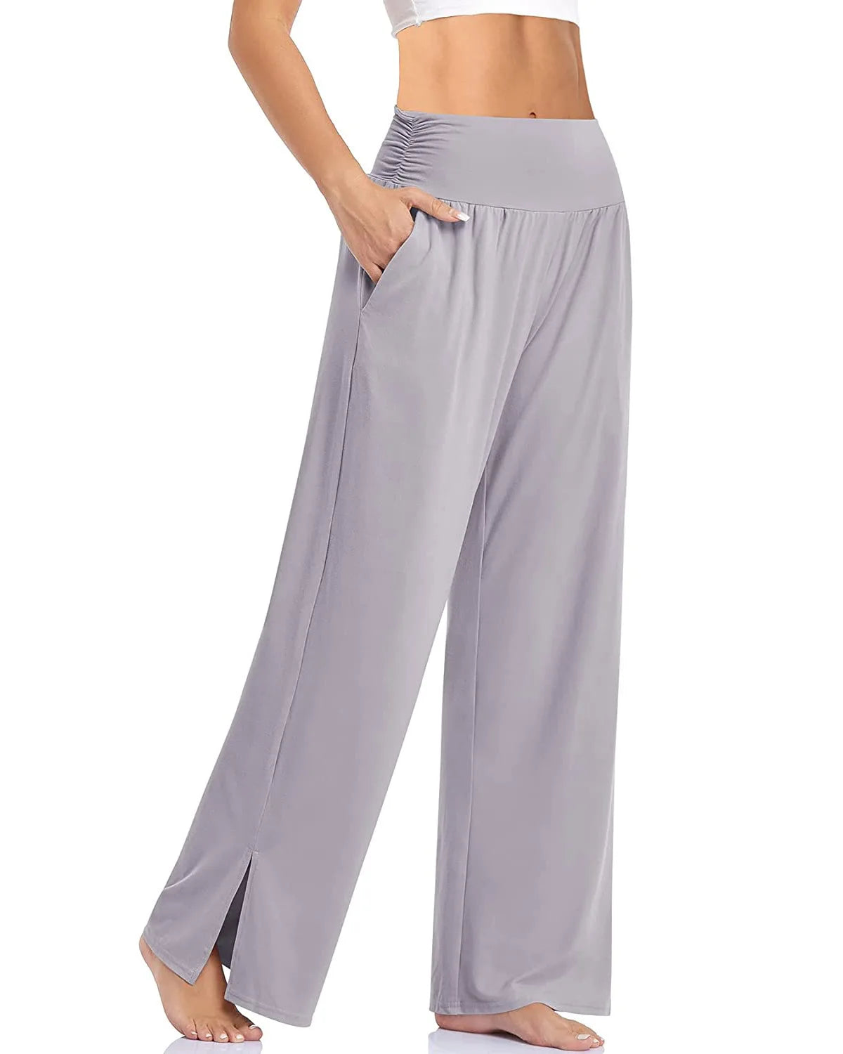 Women's High Waist Polyester Blend Wide Leg Pants with Ankle Slits