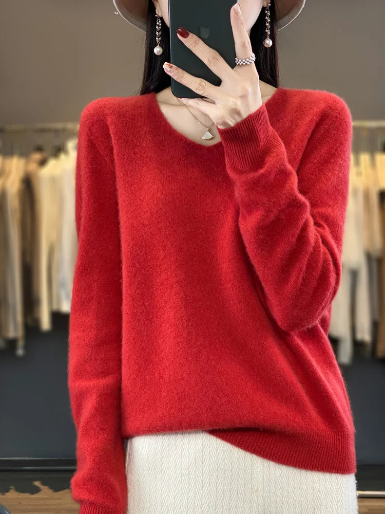 Women's V Neck Long Sleeve Sweater Casual Knit Layer