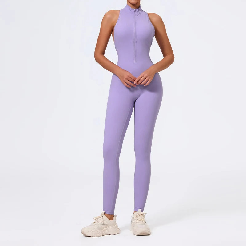 Women's Sleeveless Nylon Blend Workout Jumpsuit with Back Cutout and Fitted Legs