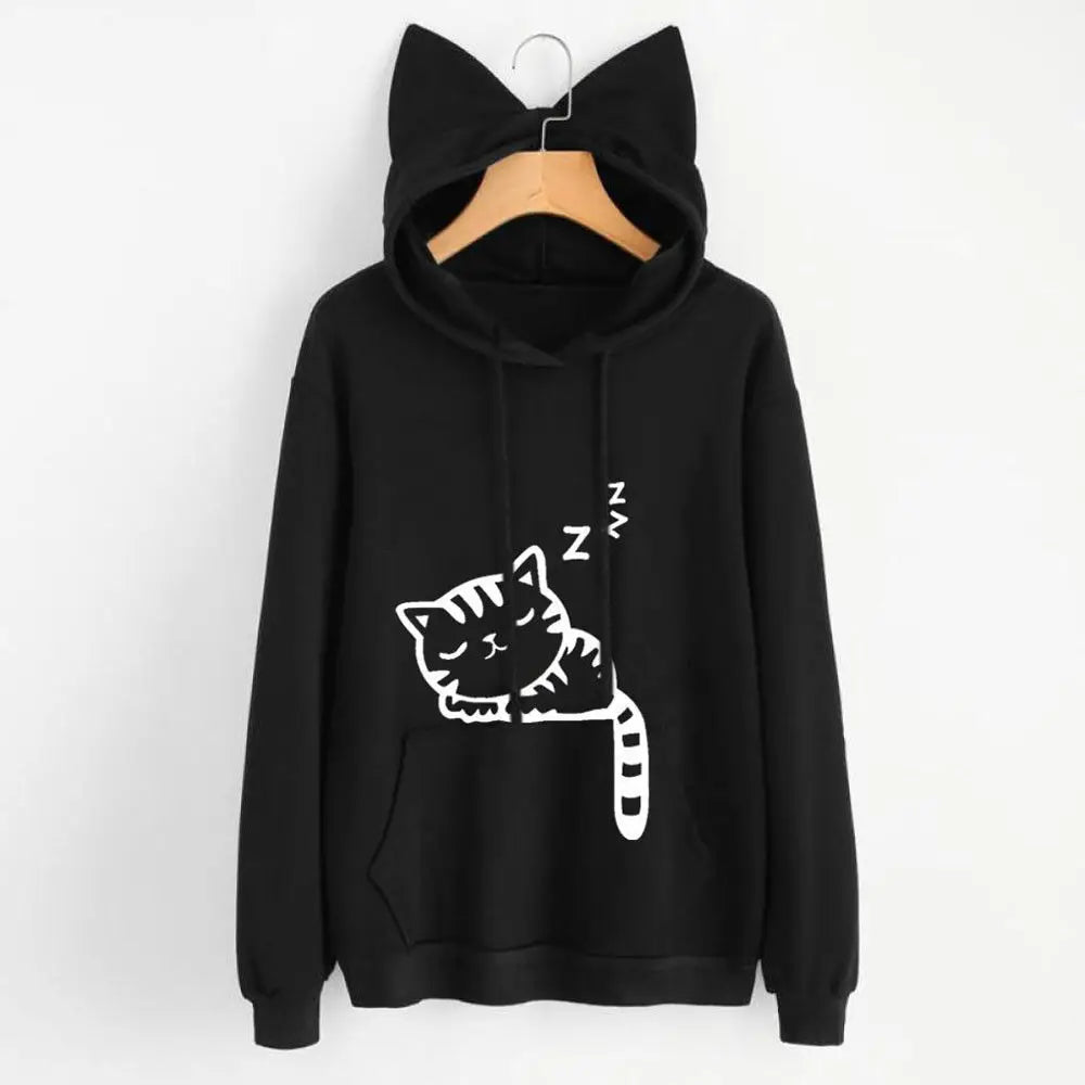 Cat Graphic Long Sleeve Pullover Casual Hoodie for Layering