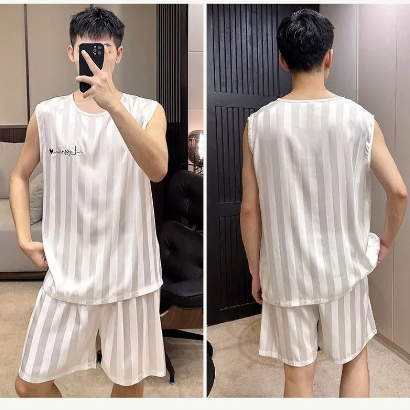 Men's Striped Sleeveless Top and Shorts Pajama Set