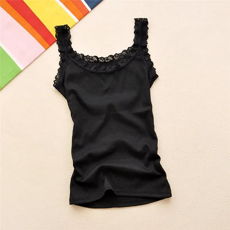 Women's Lace Trim Cotton Blend Tank Top with a Sleeveless Shape