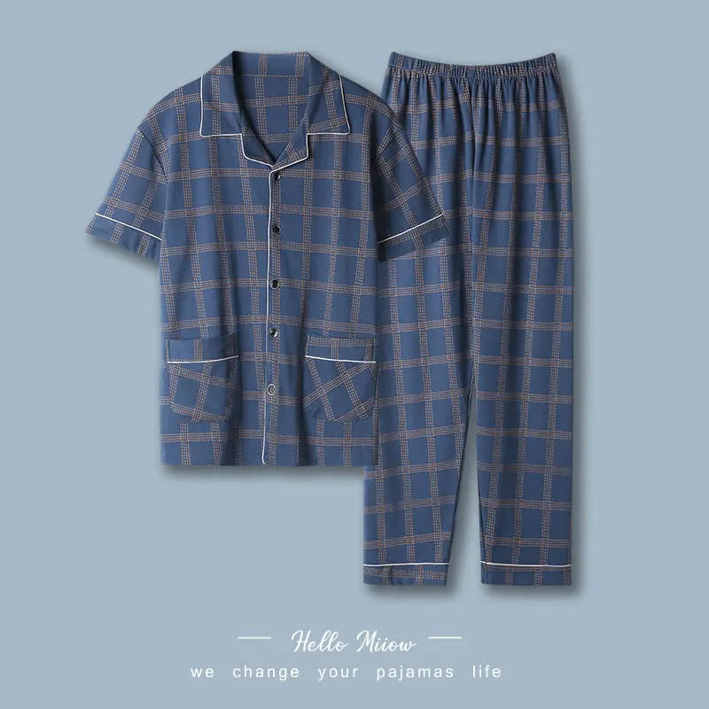 Men's Plaid Button Front Short Sleeve Shirt and Pants Pajama Set
