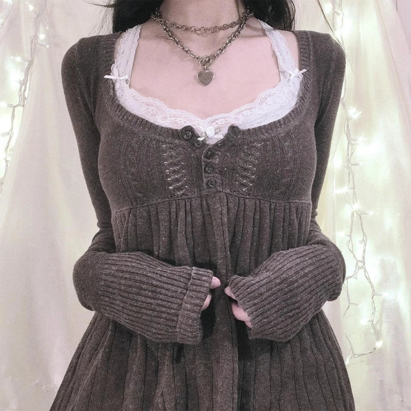 Women's Square Neck Lace Knit Sweater Casual Knit Layer