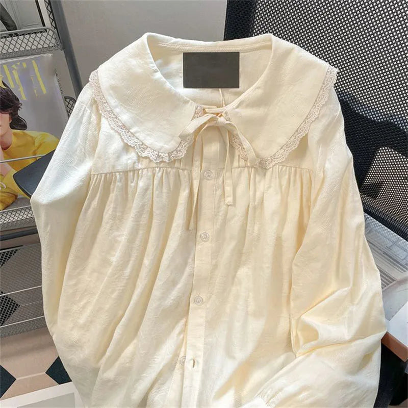 Women's Lace Detail Peter Pan Collar Long Sleeve Shirt