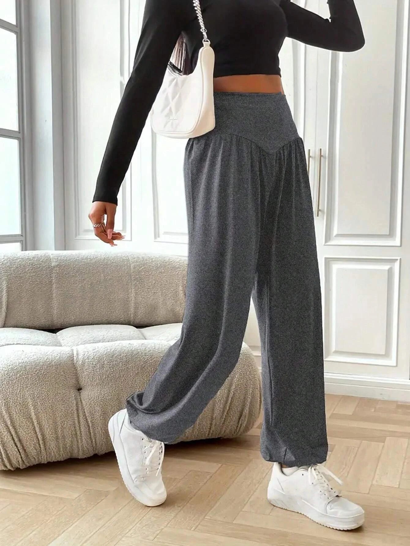 Women's Elastic Waist Polyester Blend Workout Pants with Loose Legs and Gathered Ankles
