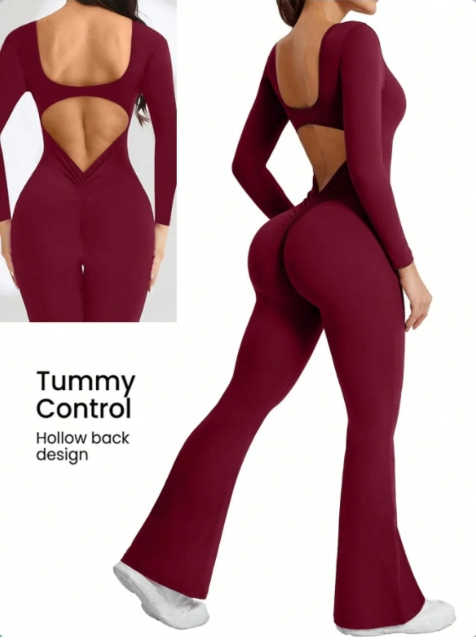 Women's Long Sleeve Nylon Blend Flared Workout Jumpsuit with Double Back Cutouts