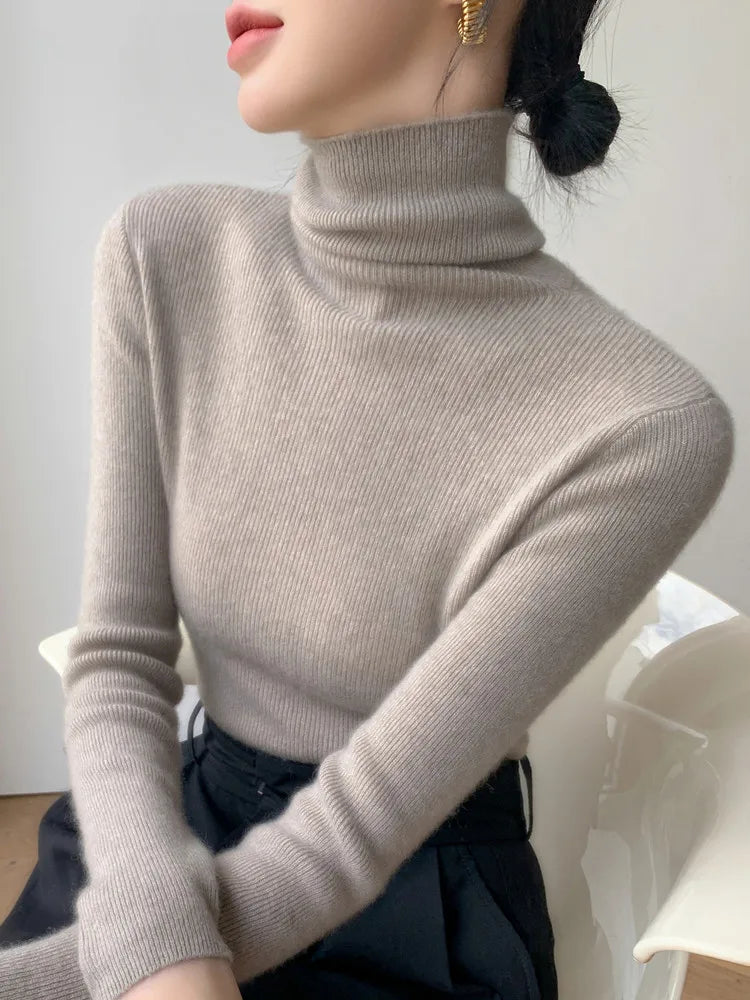 Women's Fitted Roll Neck Long Sleeve Sweater Casual Knit Layer