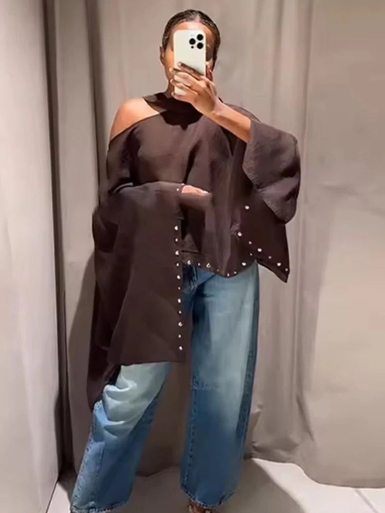 Cropped Stud Trim Cape with Asymmetric Draped Side Panels