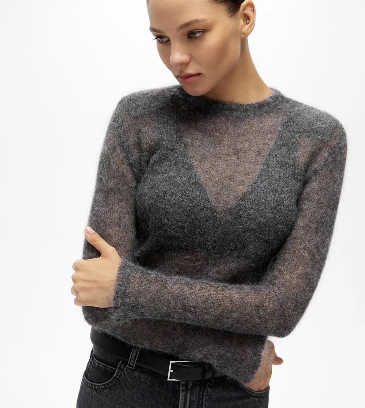 Women's Sheer Crew Neck Long Sleeve Sweater Casual Knit Layer