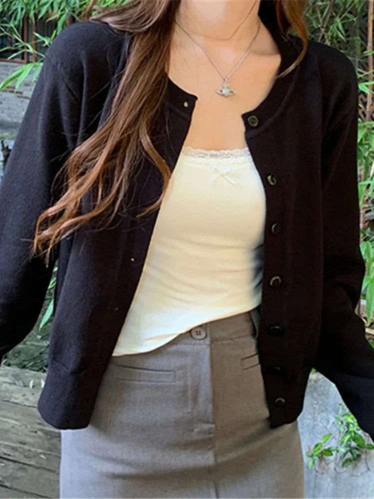 Women's Cotton-Polyester Solid Long-Sleeve Crewneck Button-Front Knit Cardigan for Everyday Layered Outfits