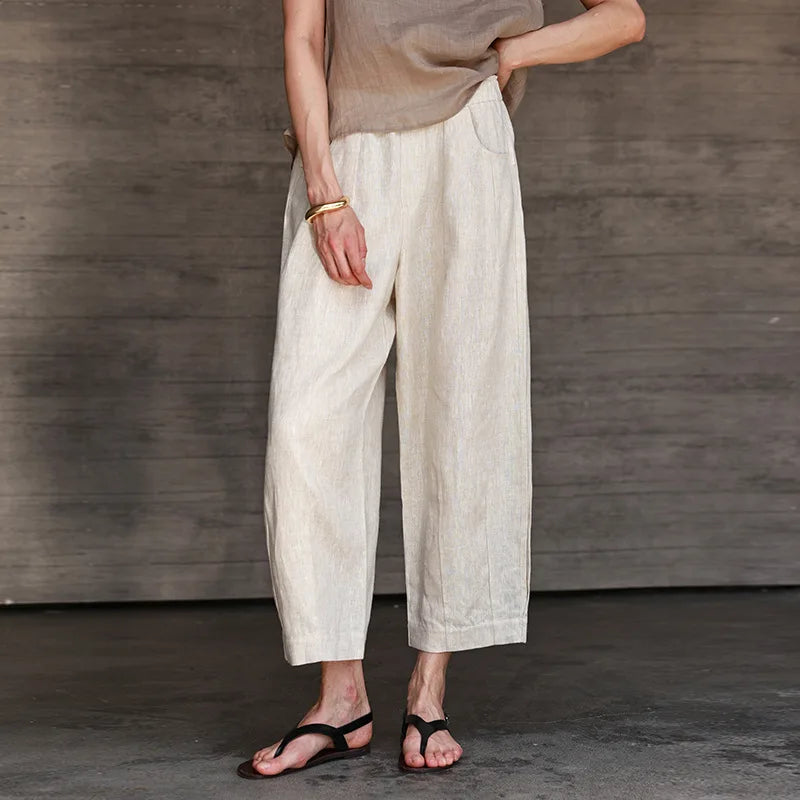 Women's Linen Loose Straight-Leg Ankle-Length Pants with Elastic Waist and Practical Pockets