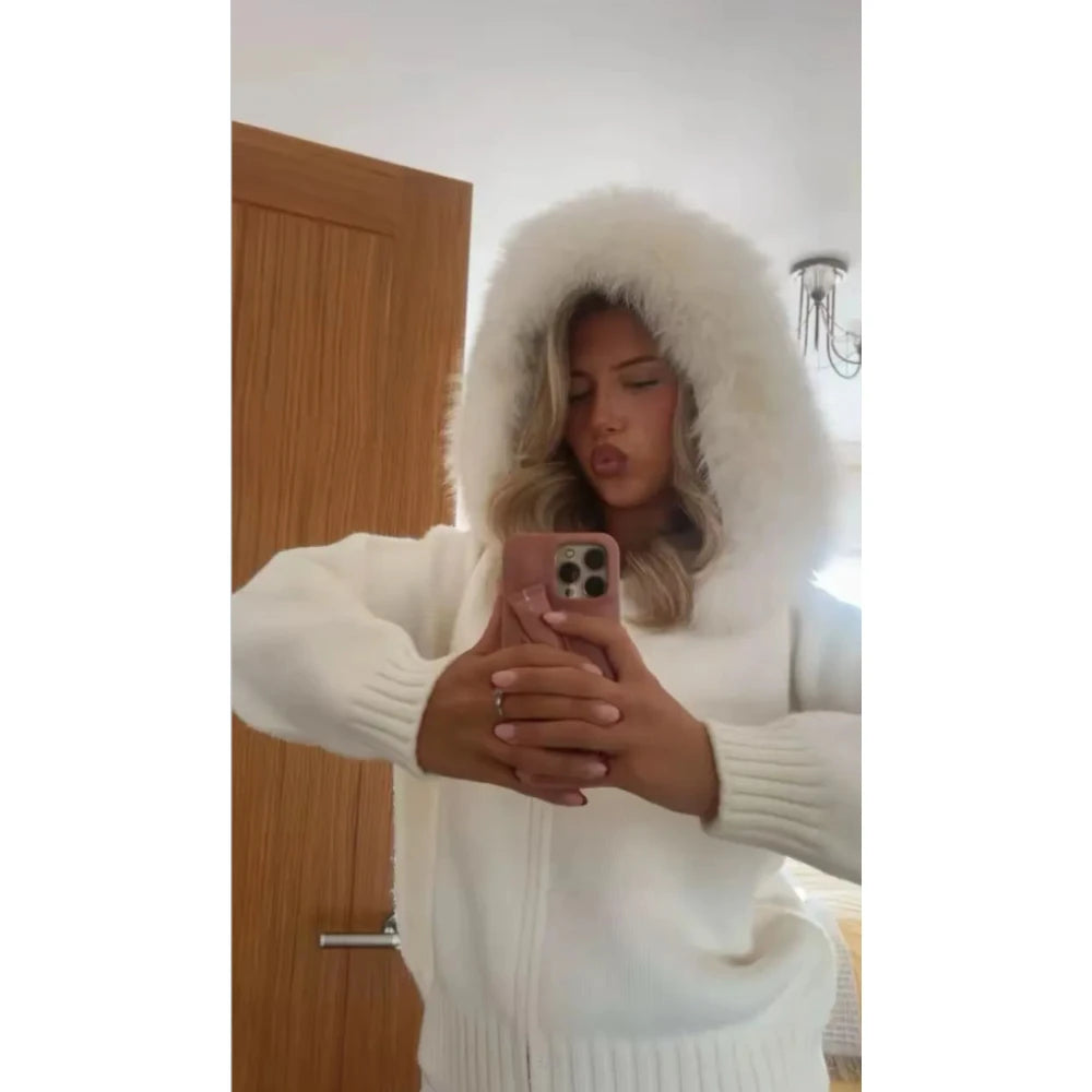 Women's Hooded Zip Front Fluffy Trim Jacket Casual Knit Layer