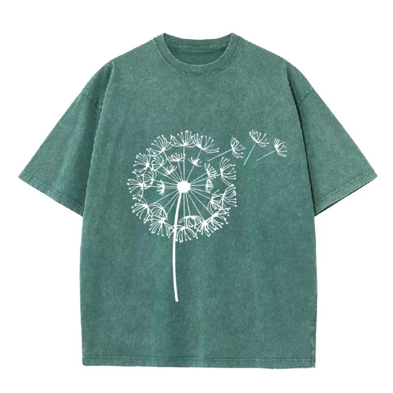 Dandelion Print Vintage Washed Brown T Shirt Casual Minimalist Streetwear Tee
