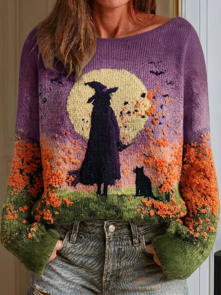 Women's Halloween Witch Graphic Crew Neck Sweater Casual Knit Layer