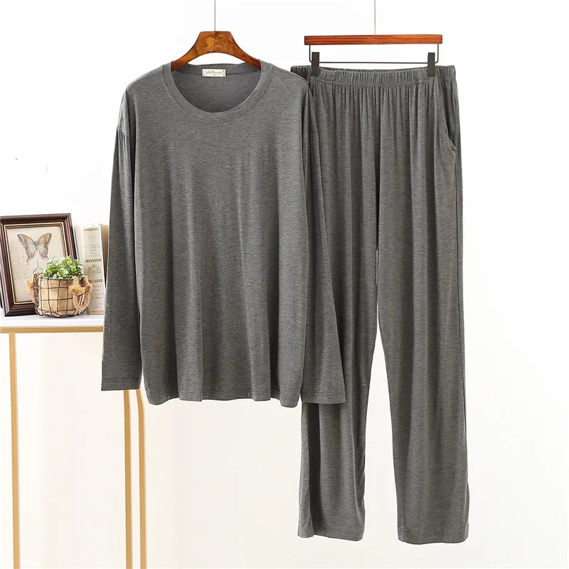 Men's Solid Crew Neck Long Sleeve Top and Pants Pajama Set