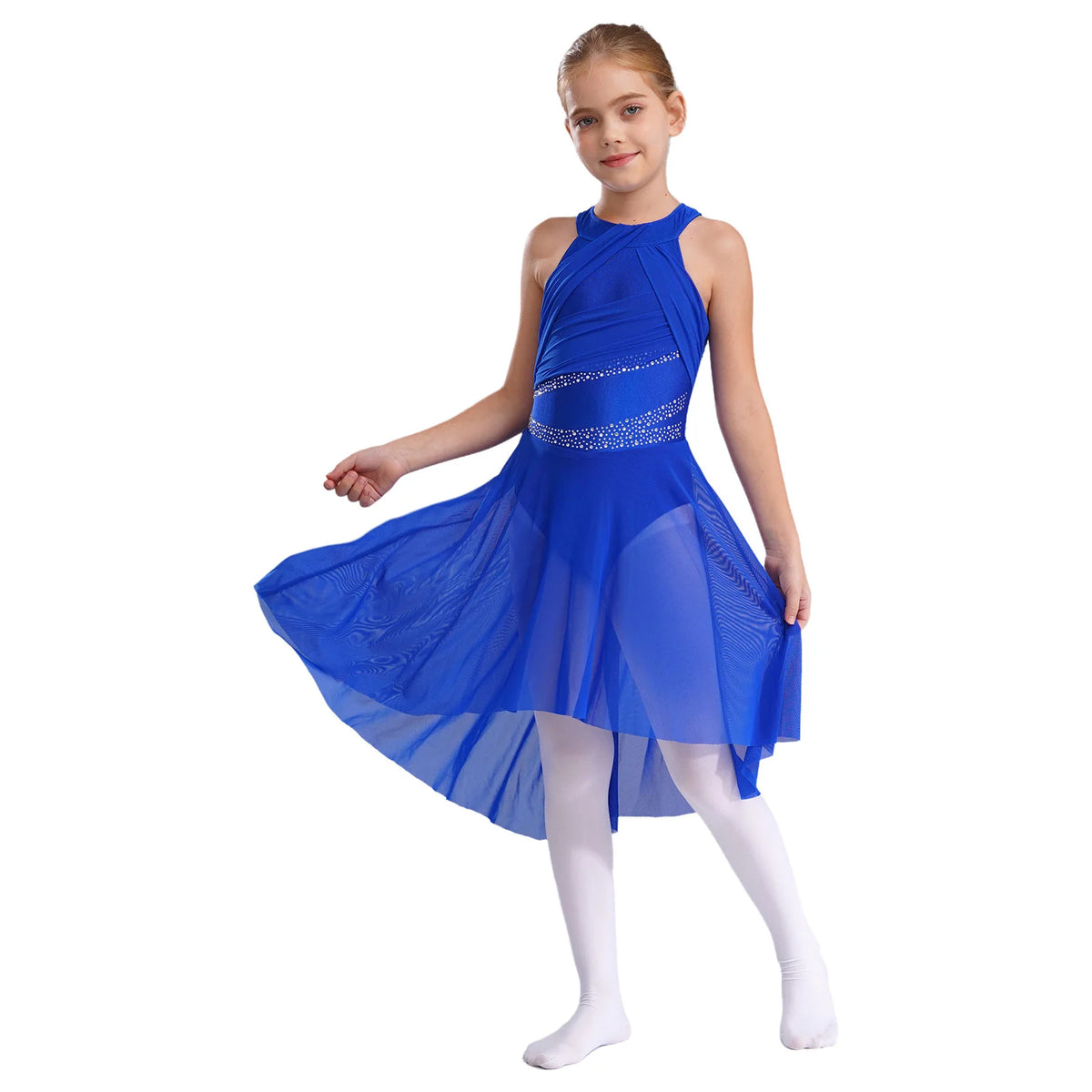 Girls' Sleeveless Rhinestone Ballet Dress with Asymmetric Mesh Skirt Overlay
