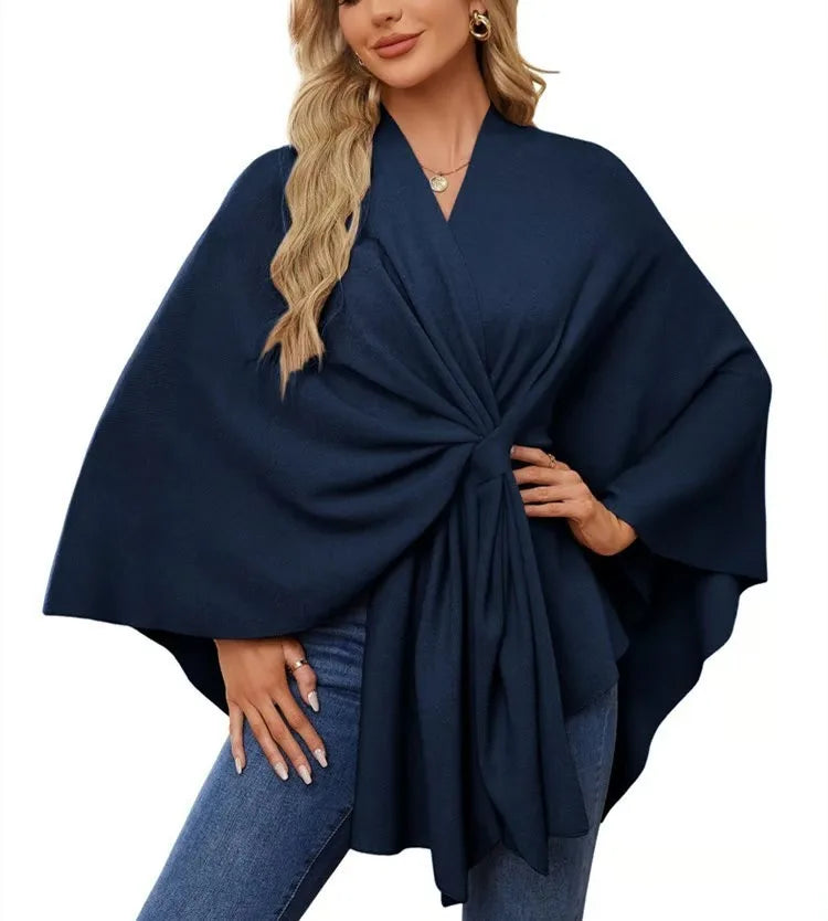 Ribbed Open Front Drape Poncho for Layering over Outfits