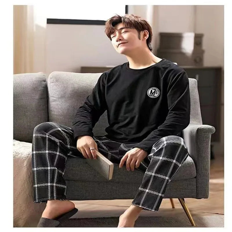 Men's Striped Long Sleeve Crew Neck Top and Pants Pajama Set