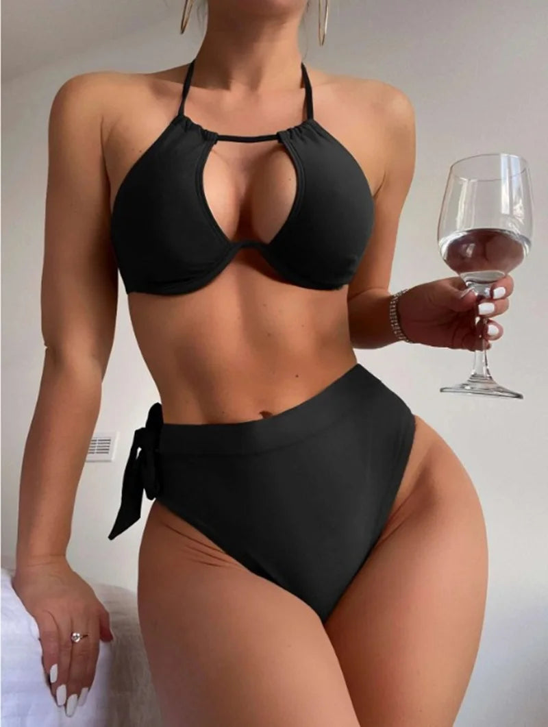 Women's Halter Keyhole Top and Side Tie Bikini Briefs Set