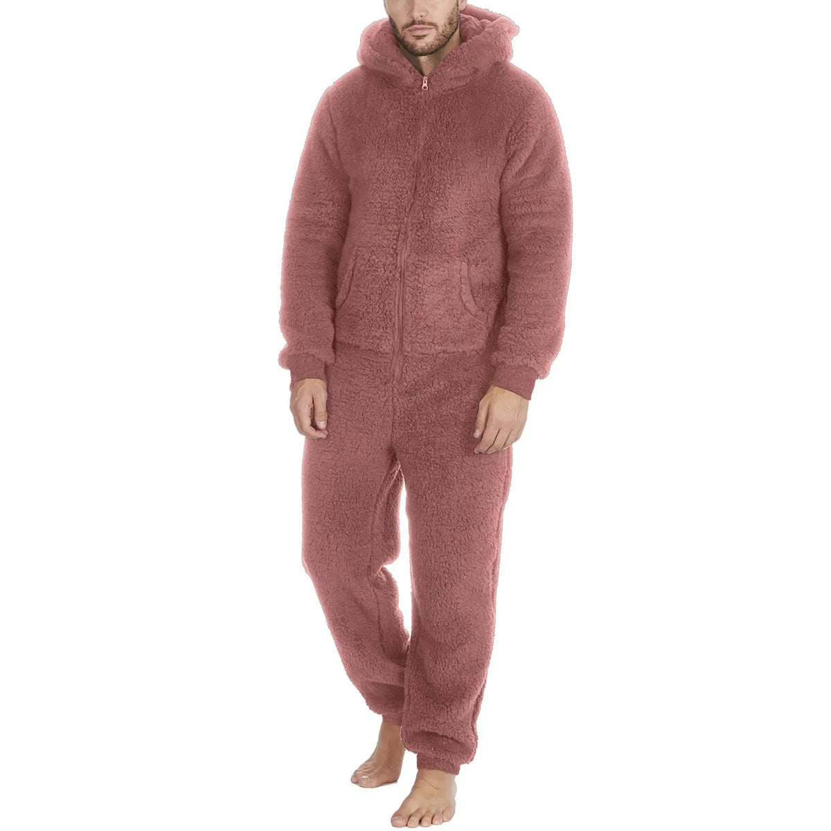 Men's Hooded Zip Front Long Sleeve Plush Pajama Jumpsuit