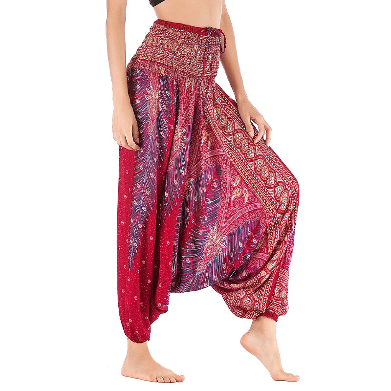 Women's Printed Rayon Harem Pants with Elastic Waist and Convertible Styling