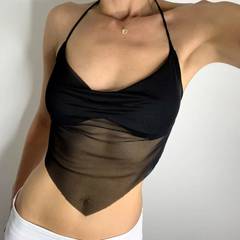 Women's Sheer Mesh Halter Crop Top with Ties and Pointed Hem