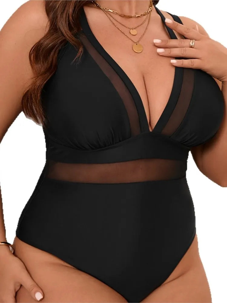 Women's Mesh Waist Strappy Plunge Neck One Piece Swimsuit