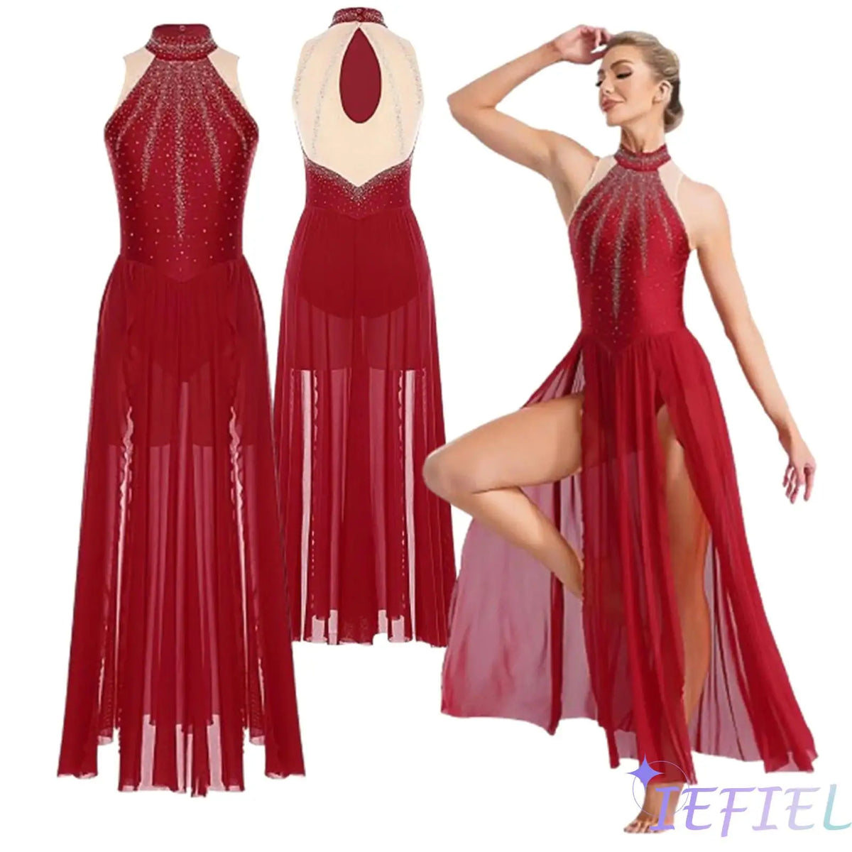 Women's Sleeveless Rhinestone Lyrical Dance Dress with Long Split Mesh Skirt