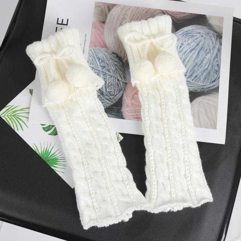 Cable Knit Leg Warmers with Decorative Bow and Pom Details