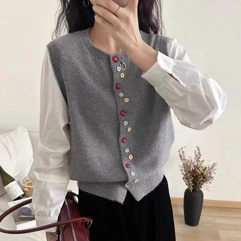 European goods color button cashmere knit vest cardigan women spring and autumn new round neck sleeveless sweater vest