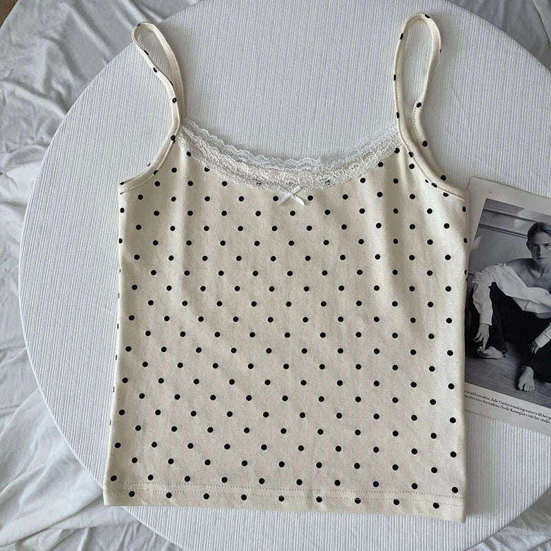 Women's Lace Trim Cotton Camisole with Bow Detail and Multiple Pattern Options