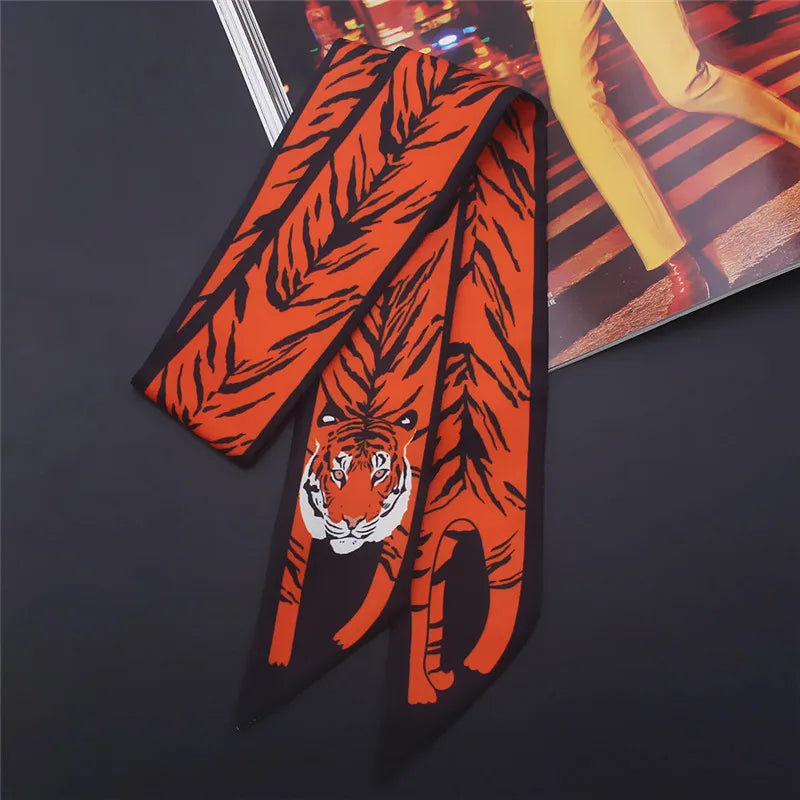 Animal Print Narrow Scarf with Pointed Tie Ends
