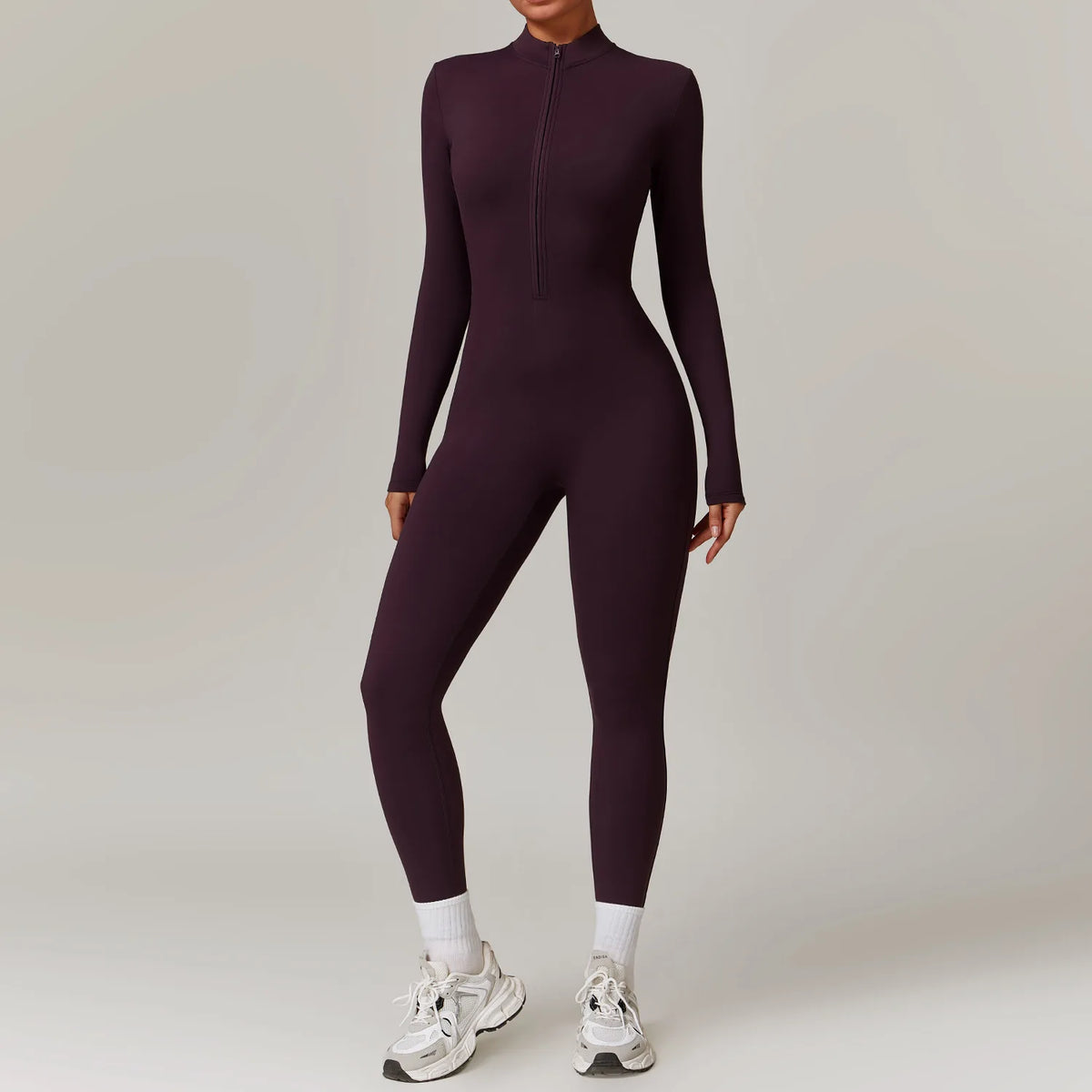 Women's Long Sleeve Nylon Blend Workout Jumpsuit with Front Zipper and Collar