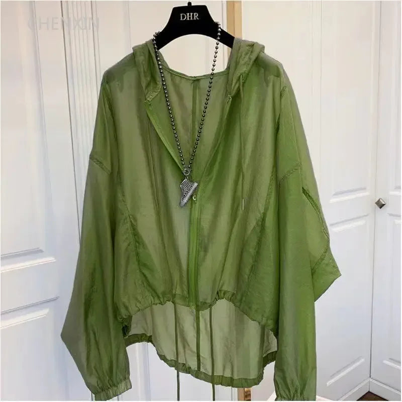 Women's Cotton-Polyester Hooded Long-Sleeve Zip-Front Thin Loose Jacket for Casual Summer Outfits
