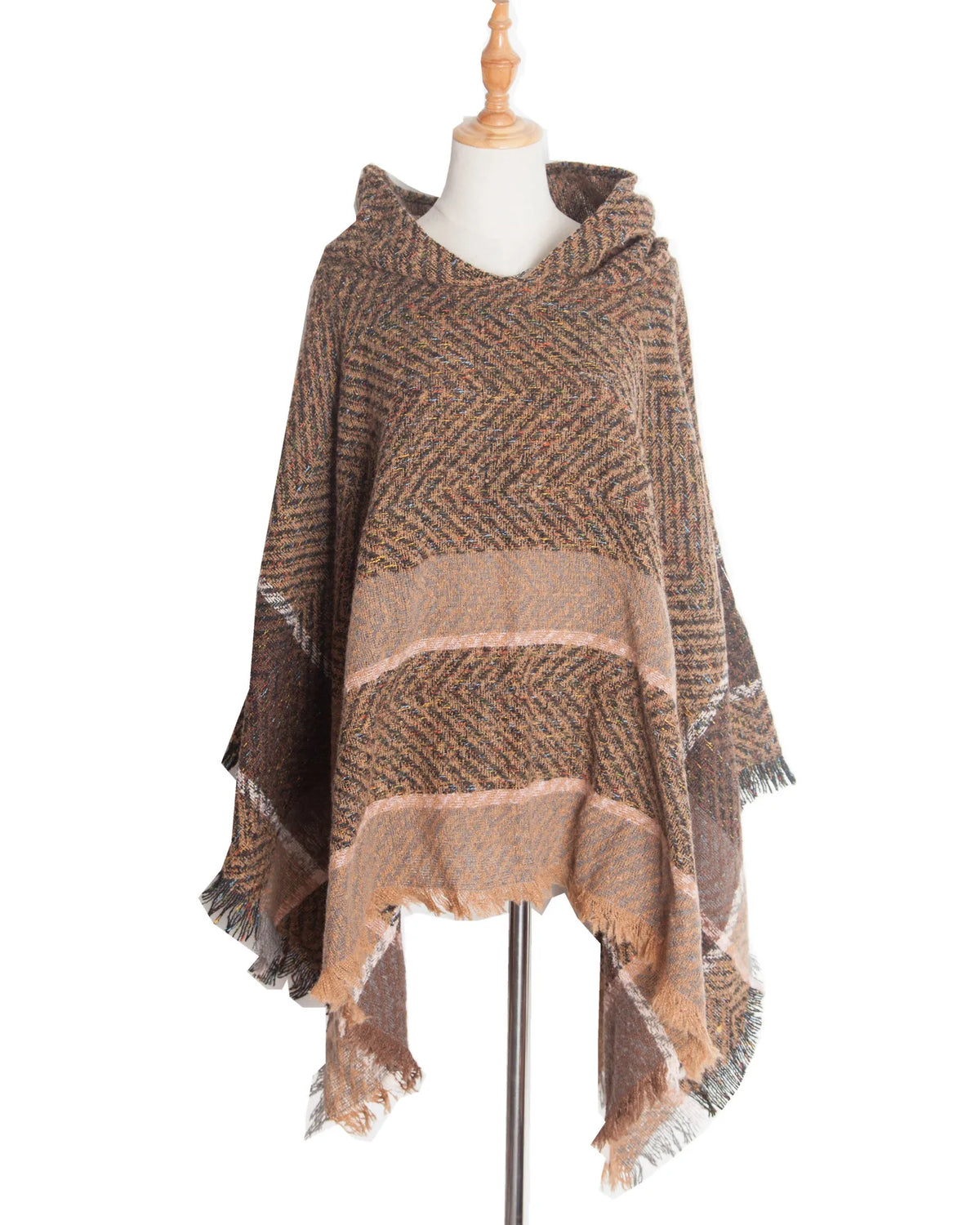 Hooded Herringbone Texture Poncho for Layering over Outfits