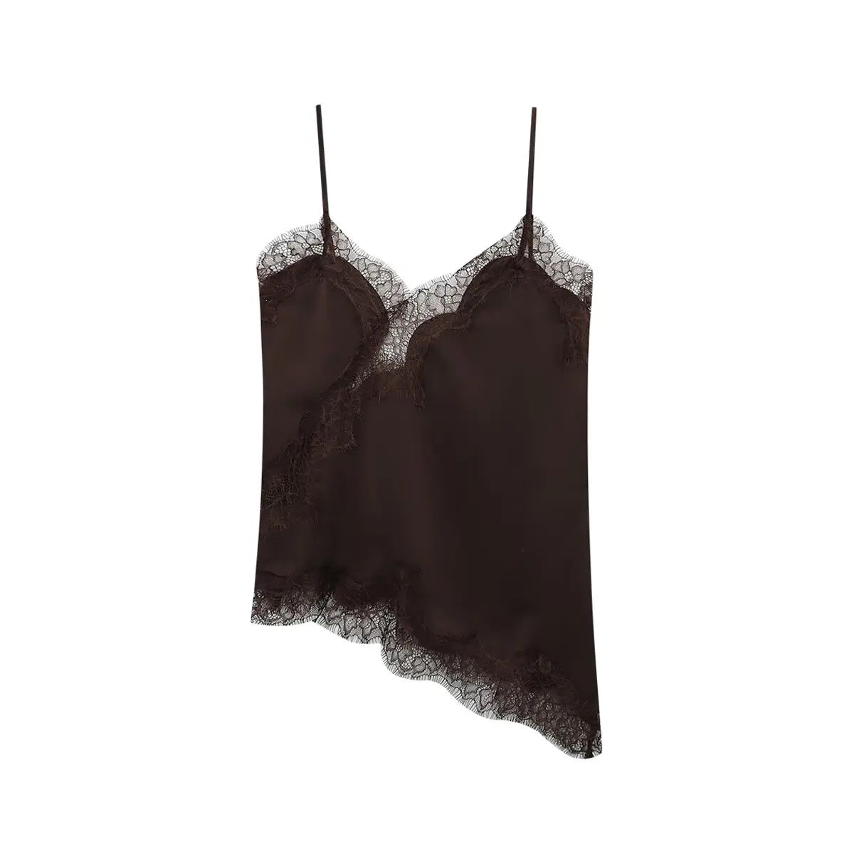 Women's Lace Trim Satin Polyester Camisole with Asymmetric Hem and Length Options